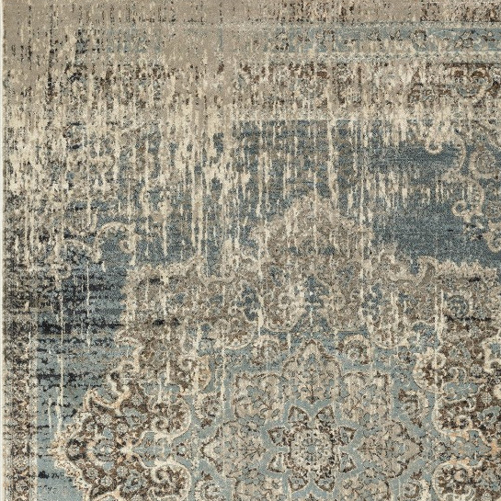 2' X 8' Blue And Ivory Medallion Runner Rug