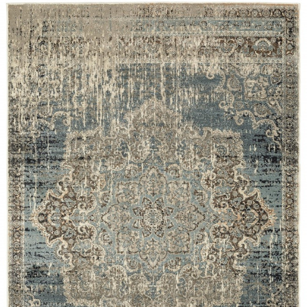 2' X 8' Blue And Ivory Medallion Runner Rug