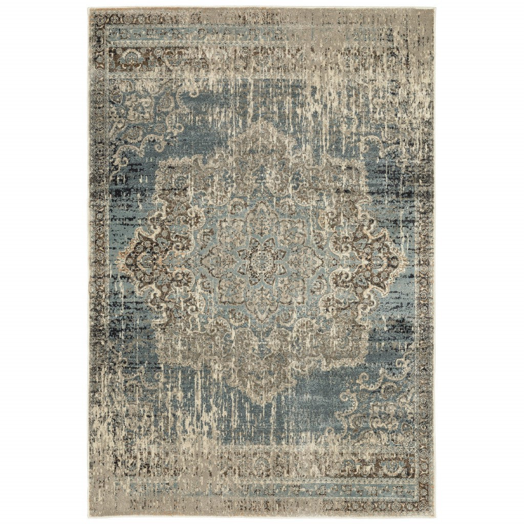 2' X 8' Blue And Ivory Medallion Runner Rug