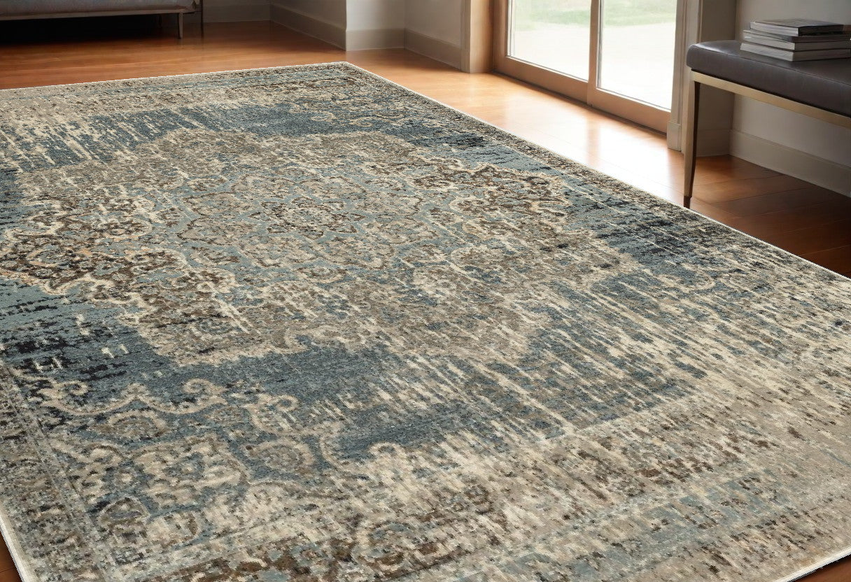 2' X 8' Blue And Ivory Medallion Runner Rug