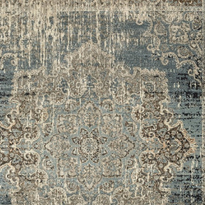 2' X 8' Blue And Ivory Medallion Runner Rug