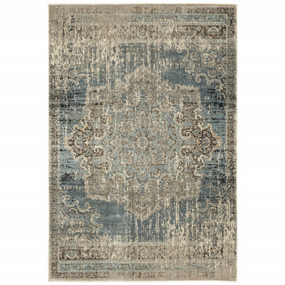 2' X 8' Blue And Ivory Medallion Runner Rug