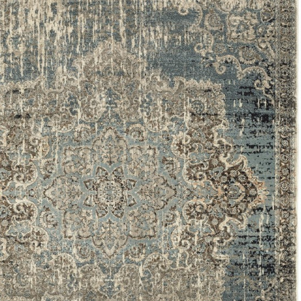 2' X 8' Blue And Ivory Medallion Runner Rug