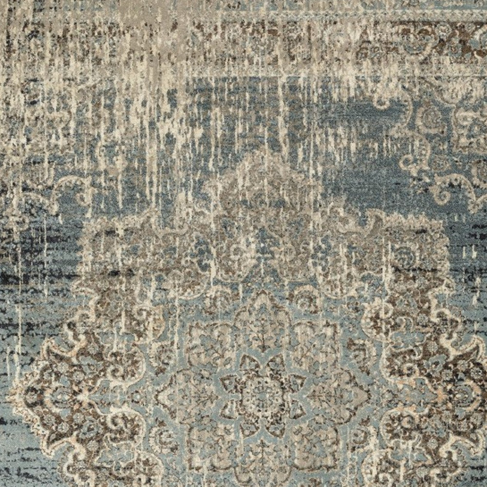 2' X 8' Blue And Ivory Medallion Runner Rug