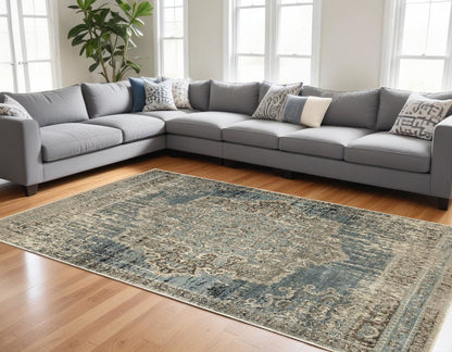 10' X 13' Blue And Ivory Medallion Area Rug