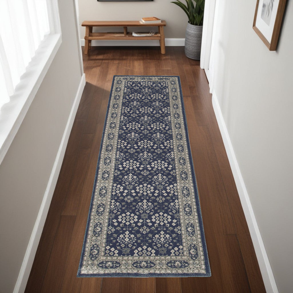 8' X 11' Navy And Gray Floral Ditsy Area Rug