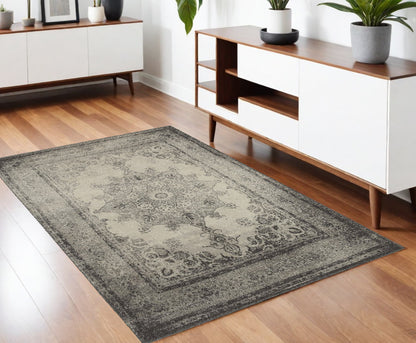 8' X 11' Ivory And Gray Pale Medallion Area Rug