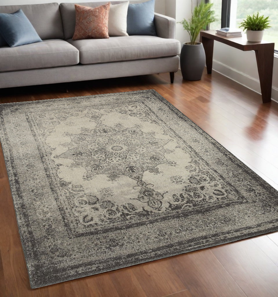 8' X 11' Ivory And Gray Pale Medallion Area Rug