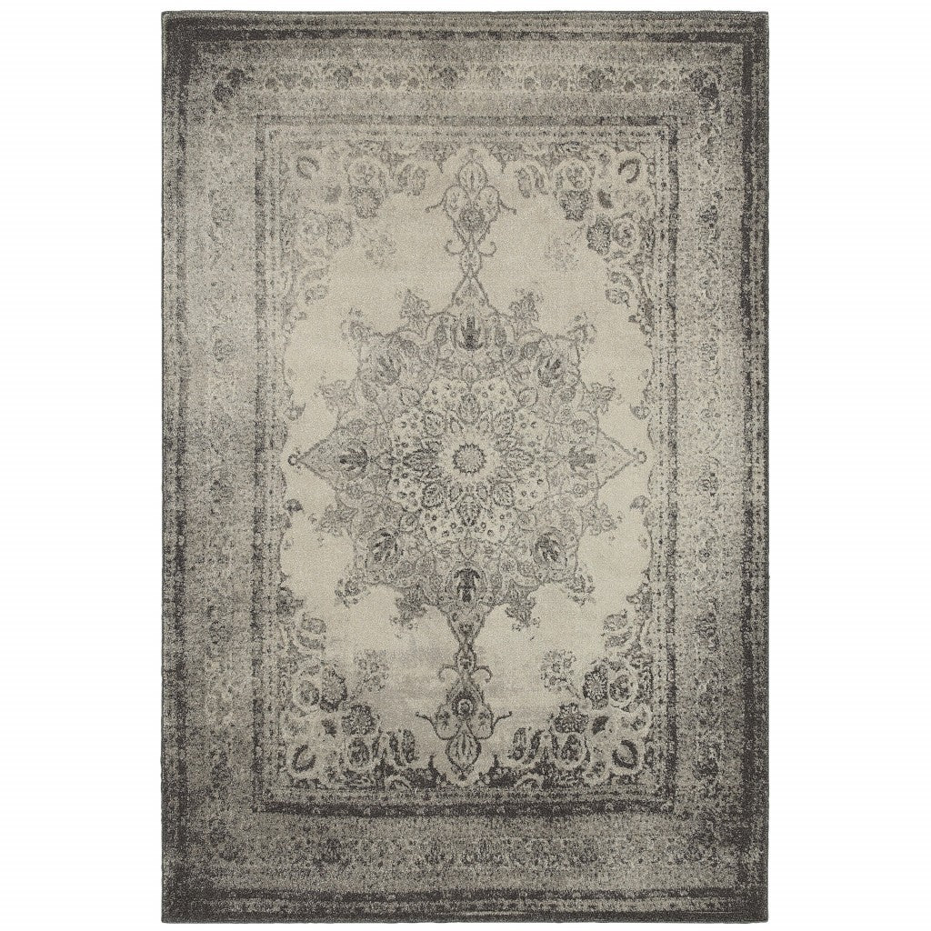 8' X 11' Ivory And Gray Pale Medallion Area Rug