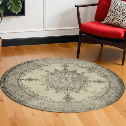 8' X 11' Ivory And Gray Pale Medallion Area Rug