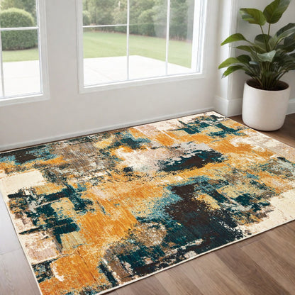 5' X 8' Cream Black and Orange Abstract Power Loom Area Rug