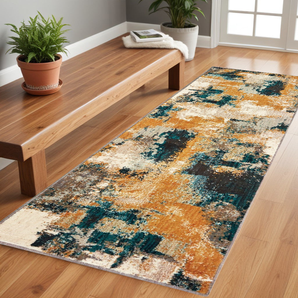 5' X 8' Cream Black and Orange Abstract Power Loom Area Rug