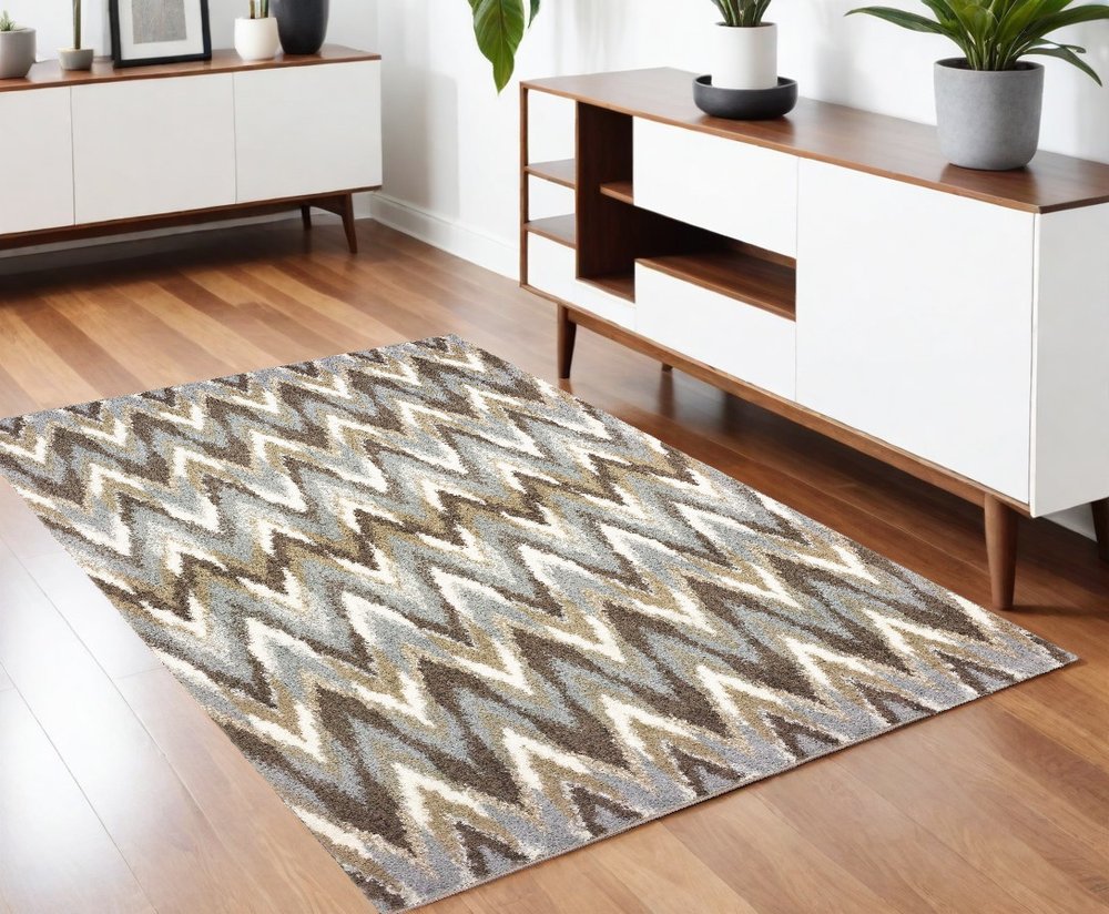 5' X 8' Gray And Taupe Ikat Pattern Area Rug