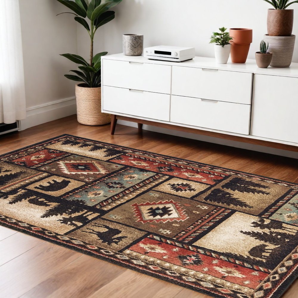 7' X 9' Black And Brown Nature Lodge Area Rug
