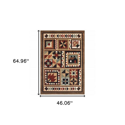 5' X 7' Brown And Red Ikat Patchwork Area Rug