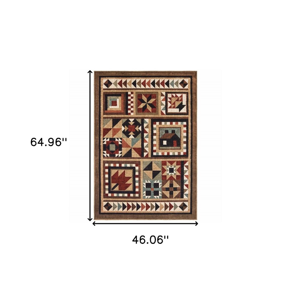 4' X 6' Brown And Red Ikat Patchwork Area Rug