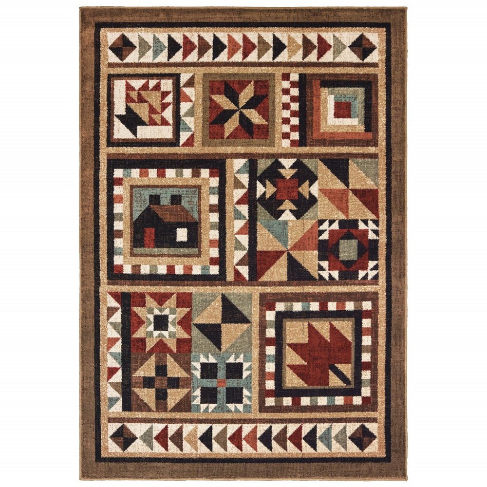 5' X 7' Brown And Red Ikat Patchwork Area Rug