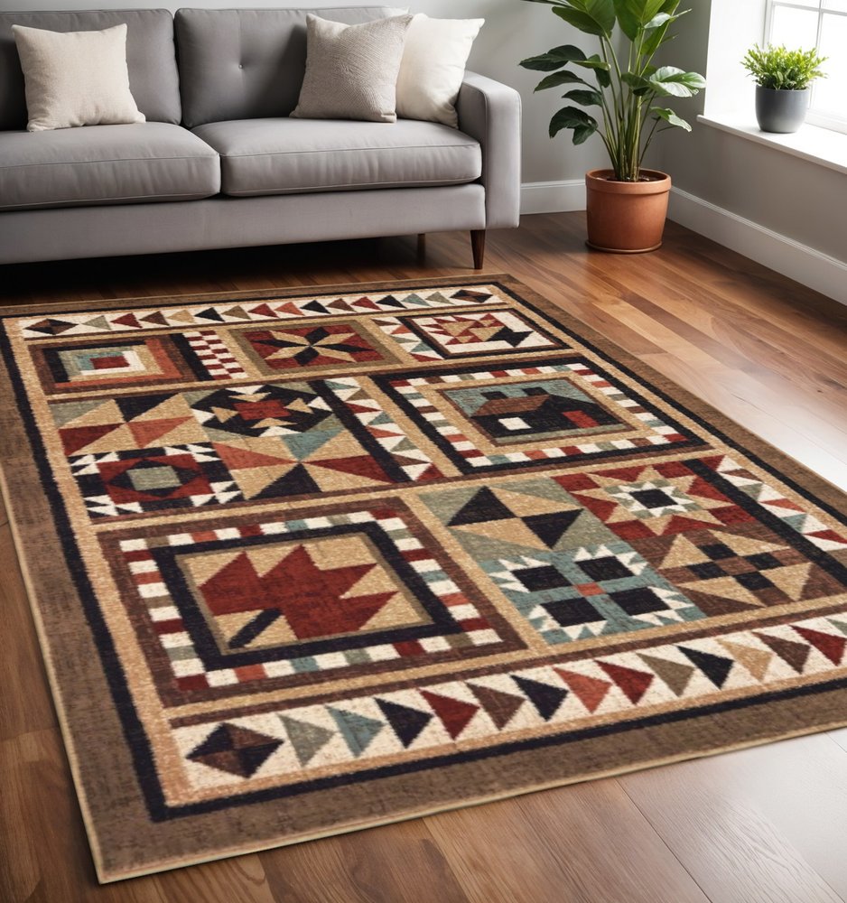 7' X 9' Brown And Red Ikat Patchwork Area Rug