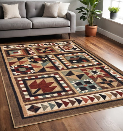 5' X 7' Brown And Red Ikat Patchwork Area Rug