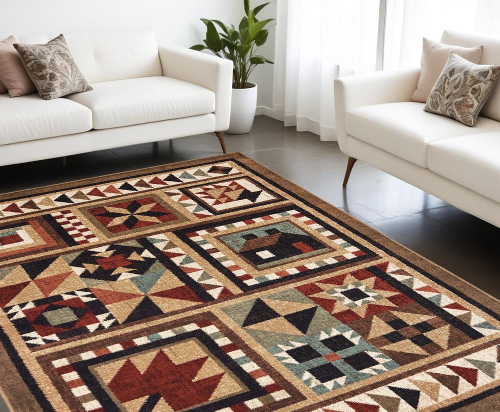 7' X 9' Brown And Red Ikat Patchwork Area Rug