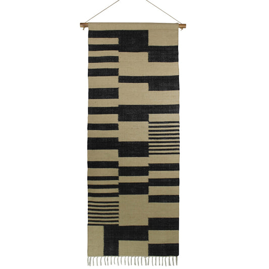 73" X 29" Beige And Black Abstract Geometric Jute Hanging Tapestry