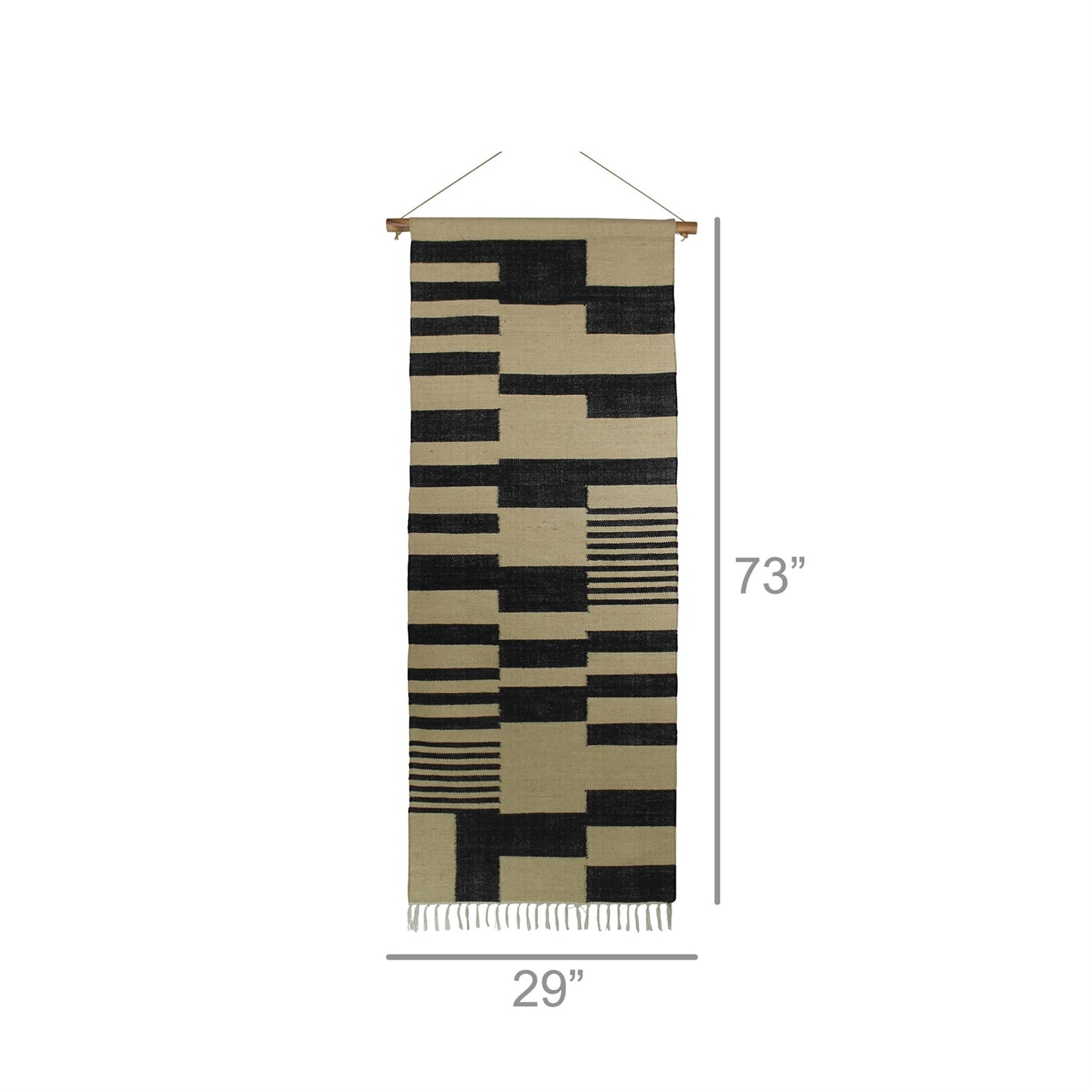 73" X 29" Beige And Black Abstract Geometric Jute Hanging Tapestry