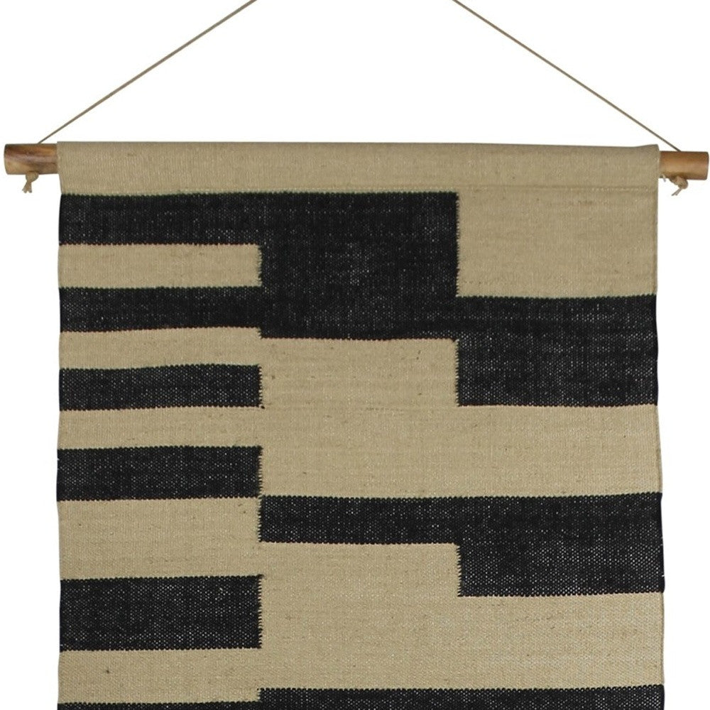 73" X 29" Beige And Black Abstract Geometric Jute Hanging Tapestry