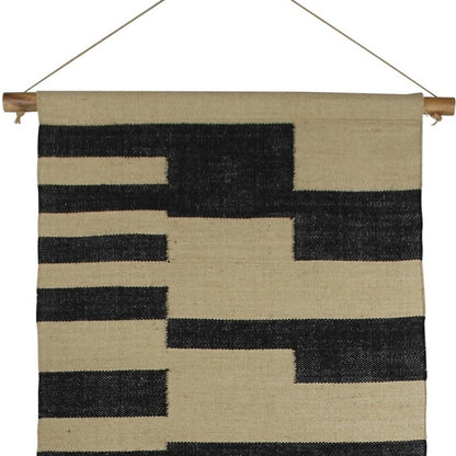 73" X 29" Beige And Black Abstract Geometric Jute Hanging Tapestry