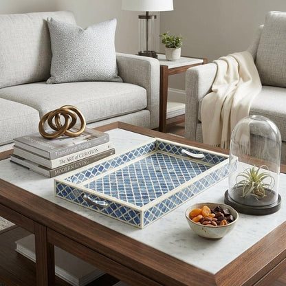 12" Blue Wood Geometric Serving Tray