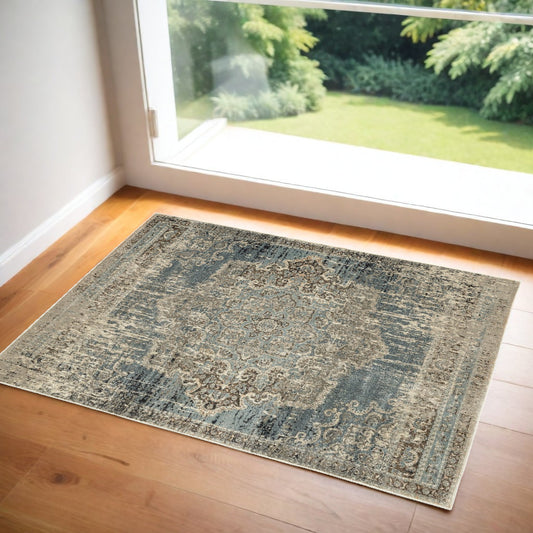 2' X 3' Blue and Ivory Power Loom Area Rug