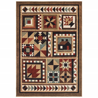 2' X 3' Brown And Red Ikat Patchwork Scatter Rug