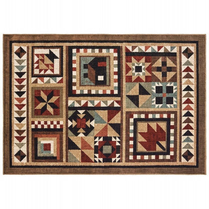 2' X 3' Brown And Red Ikat Patchwork Scatter Rug