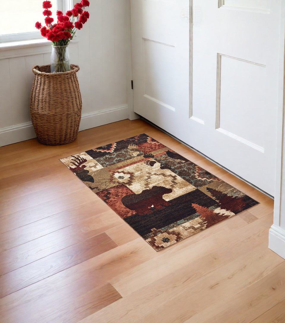 2' X 3' Green and Ivory Animal Print Power Loom Area Rug