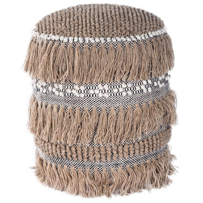 18" Beige Wool And Cotton Round Pouf Ottoman