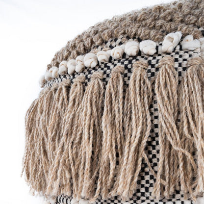 18" Beige Wool And Cotton Round Pouf Ottoman