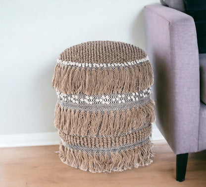 18" Beige Wool And Cotton Round Pouf Ottoman