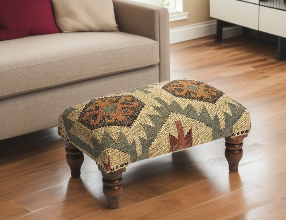 20" Beige Brown and Green Jute And Wool Southwestern Footstool