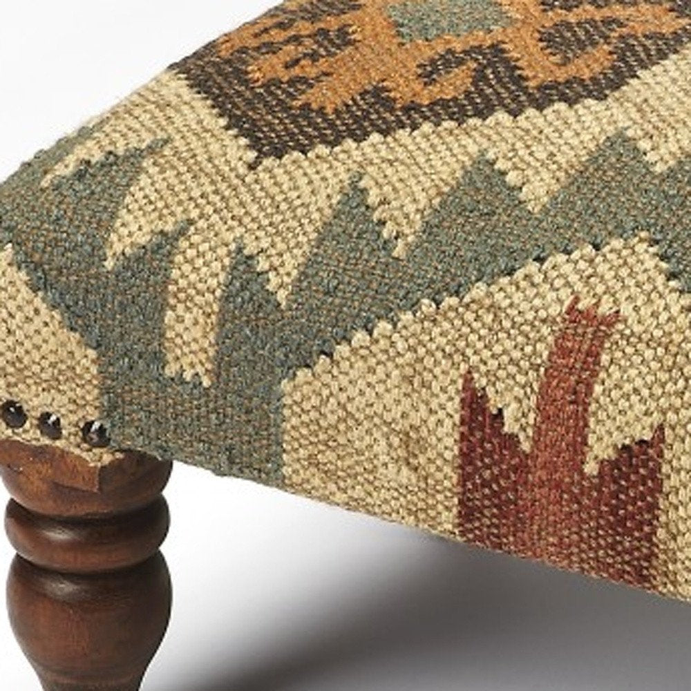 20" Beige Brown and Green Jute And Wool Southwestern Footstool