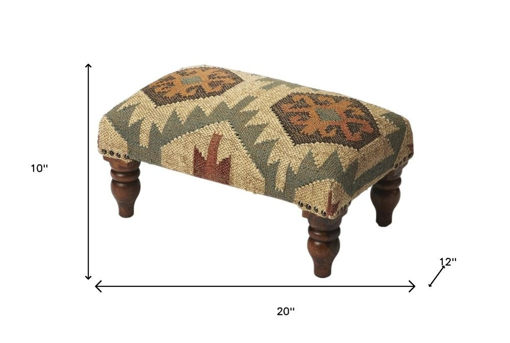 20" Beige Brown and Green Jute And Wool Southwestern Footstool