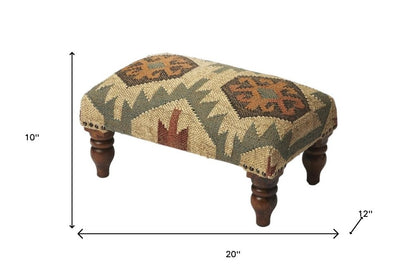20" Beige Brown and Green Jute And Wool Southwestern Footstool