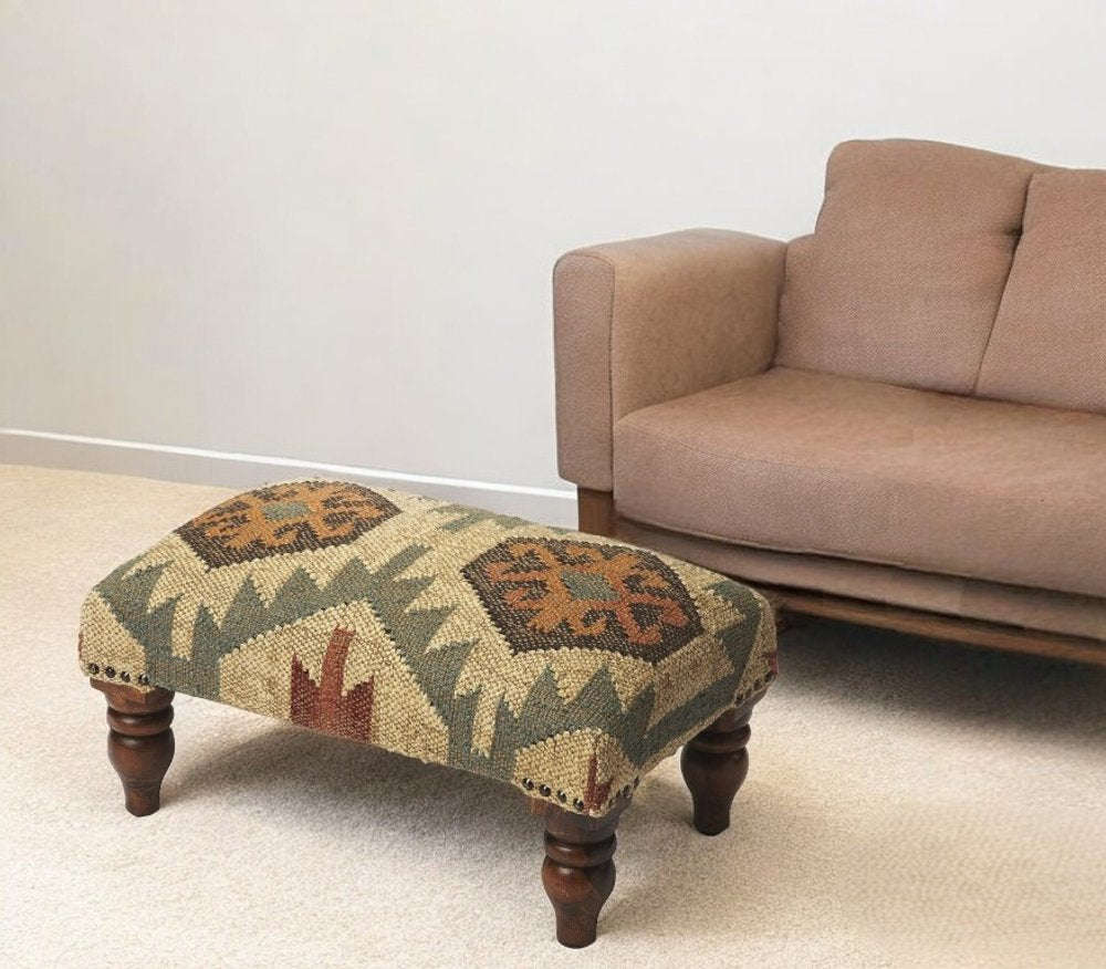 20" Beige Brown and Green Jute And Wool Southwestern Footstool