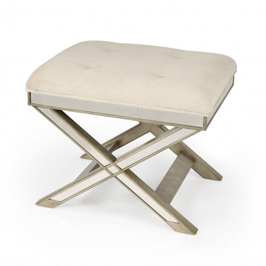 26" Ivory Cotton and Brown Tufted Ottoman