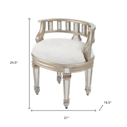 21" Cream Linen And Silver Metallic Round Ottoman