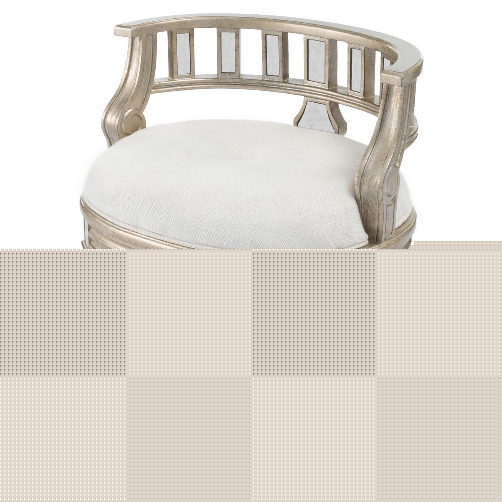 21" Cream Linen And Silver Metallic Round Ottoman