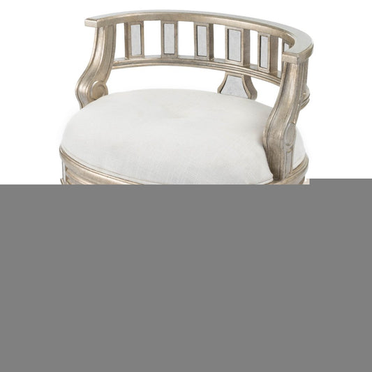 21" Cream Linen And Silver Metallic Round Ottoman