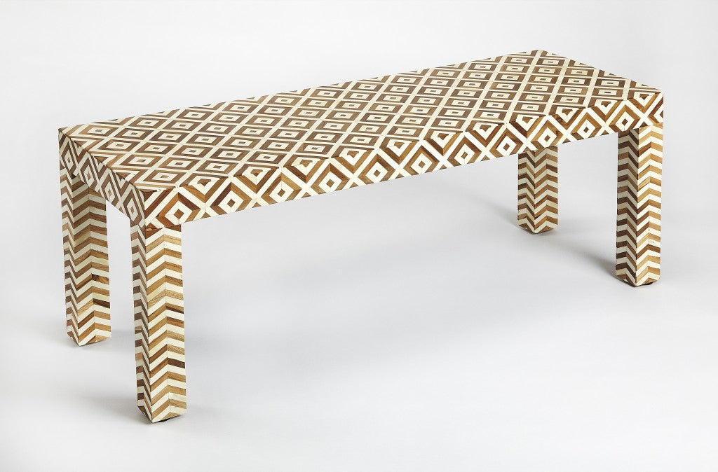 Geo And Chevron Teak And Bone Inlay Bench