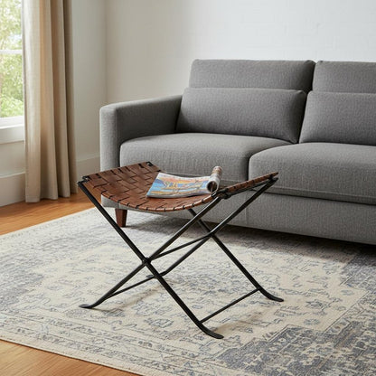 23" Brown Faux Leather And Black Ottoman