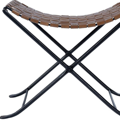 23" Brown Faux Leather And Black Ottoman