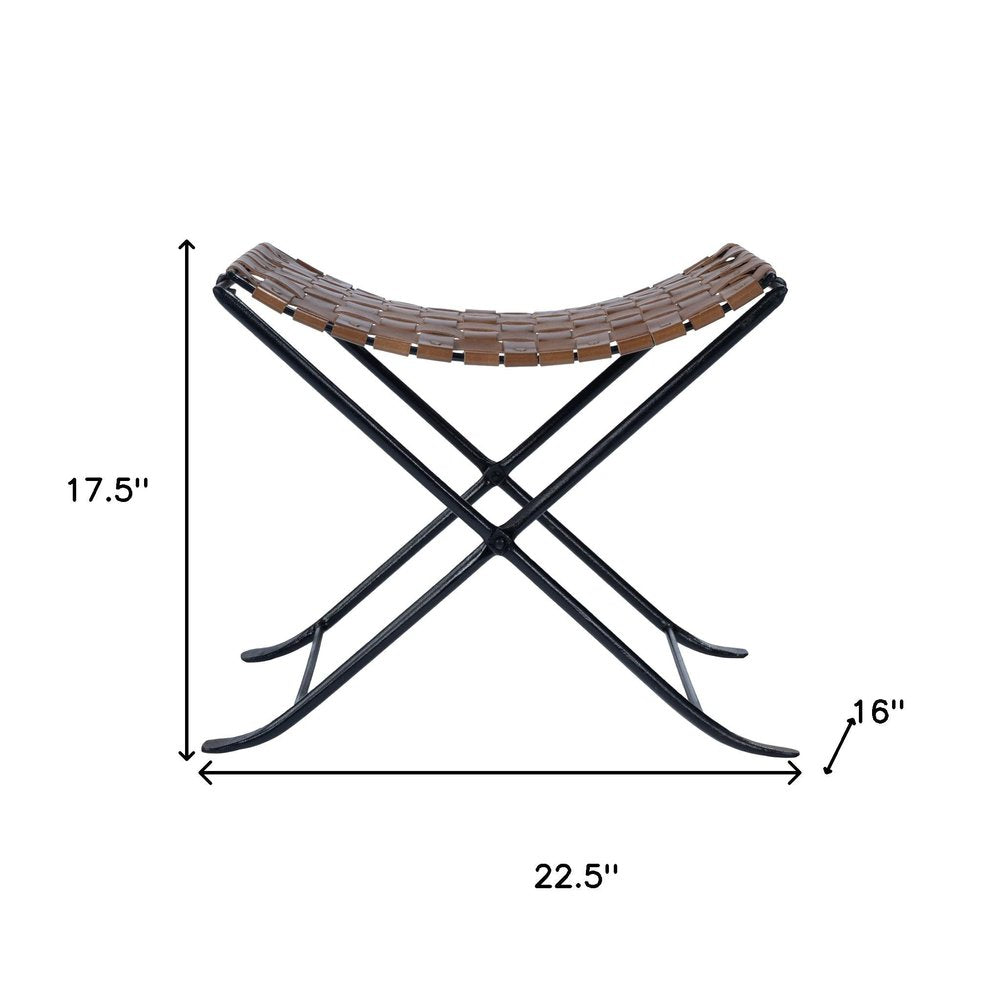 23" Brown Faux Leather And Black Ottoman