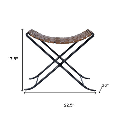 23" Brown Faux Leather And Black Ottoman